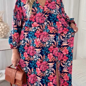 Alternative view of Sukienka Ewa plus size granatowa w niebiesko czerwone kwiaty