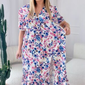 Alternative view of Sukienka Ewa plus size biała w niebiesko-rózowe kwiaty