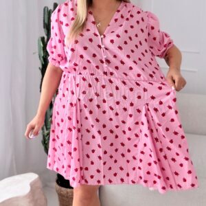 Alternative view of Sukienka Ewa  mini  PLUS SIZE różowa w czerwone kwiatki