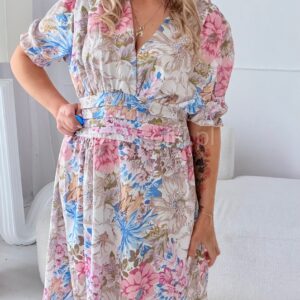 Alternative view of Sukienka Eleganza plus size mini beżowo-niebieskie kwiaty