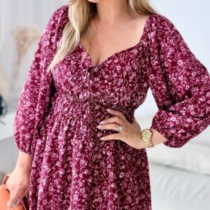 Alternative view of Kombinezon plus size - sukienka bordowa w kwiatuszki